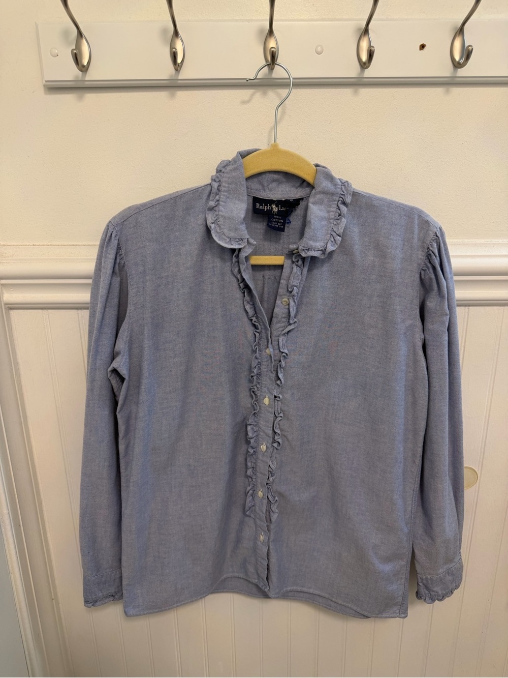 Ralph Lauren Ruffled Button-Front Blouse in Light Blue